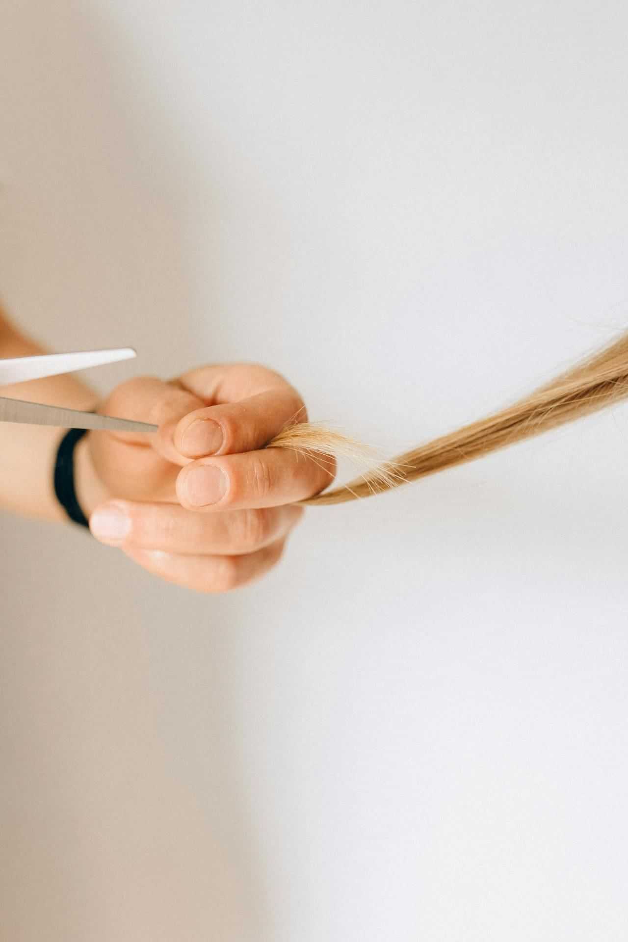 Close-up of hands cutting blonde hair with scissors.